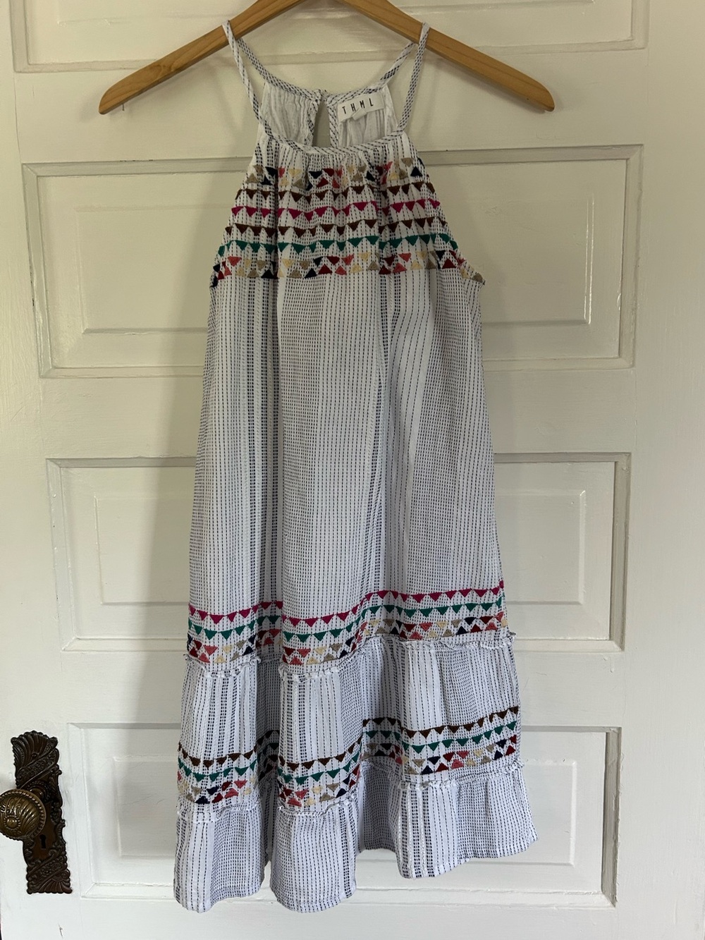 THML Women’s White Striped Lined Mini Dress w/Multicolor Embroidery. Size Small